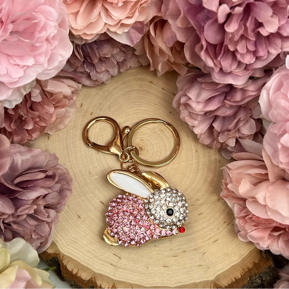 Pale Pink and Silver Crystal Bunny Rabbit Keychain Charm - Picture 5 of 12